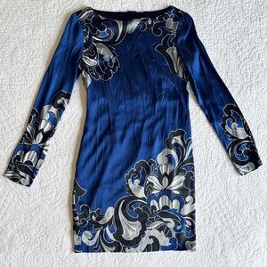 Cache “Exclusive” Blue & Black Floral Mini Silky Long Sleeve Sexy Dress Size 2